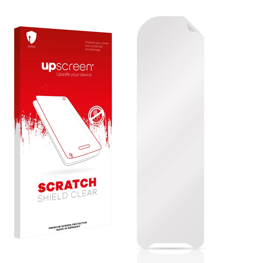 Face avant d’un emballage produit avec le logo de la marque upscreen. À côté se trouve la protection d’écran correspondante.