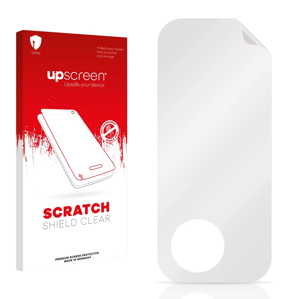 Face avant d’un emballage produit avec le logo de la marque upscreen. À côté se trouve la protection d’écran correspondante.