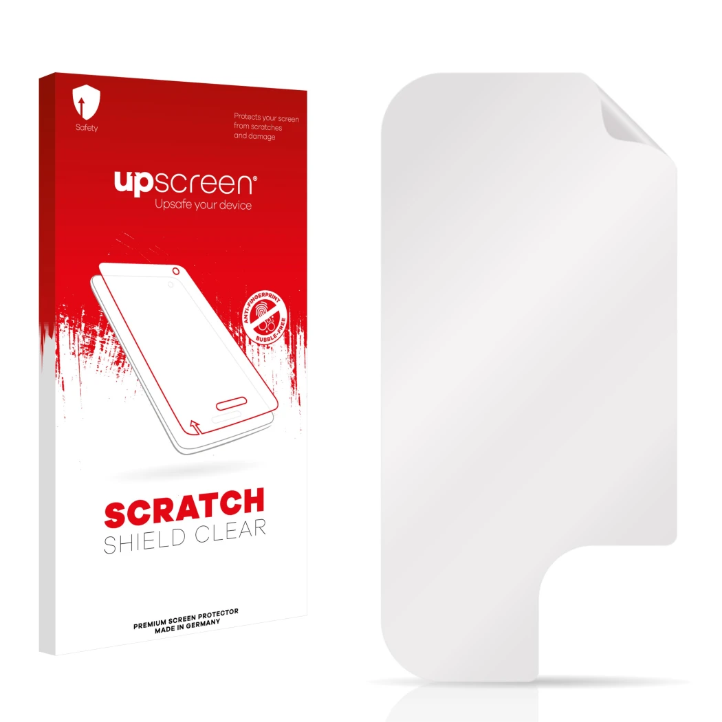 Face avant d’un emballage produit avec le logo de la marque upscreen. À côté se trouve la protection d’écran correspondante.