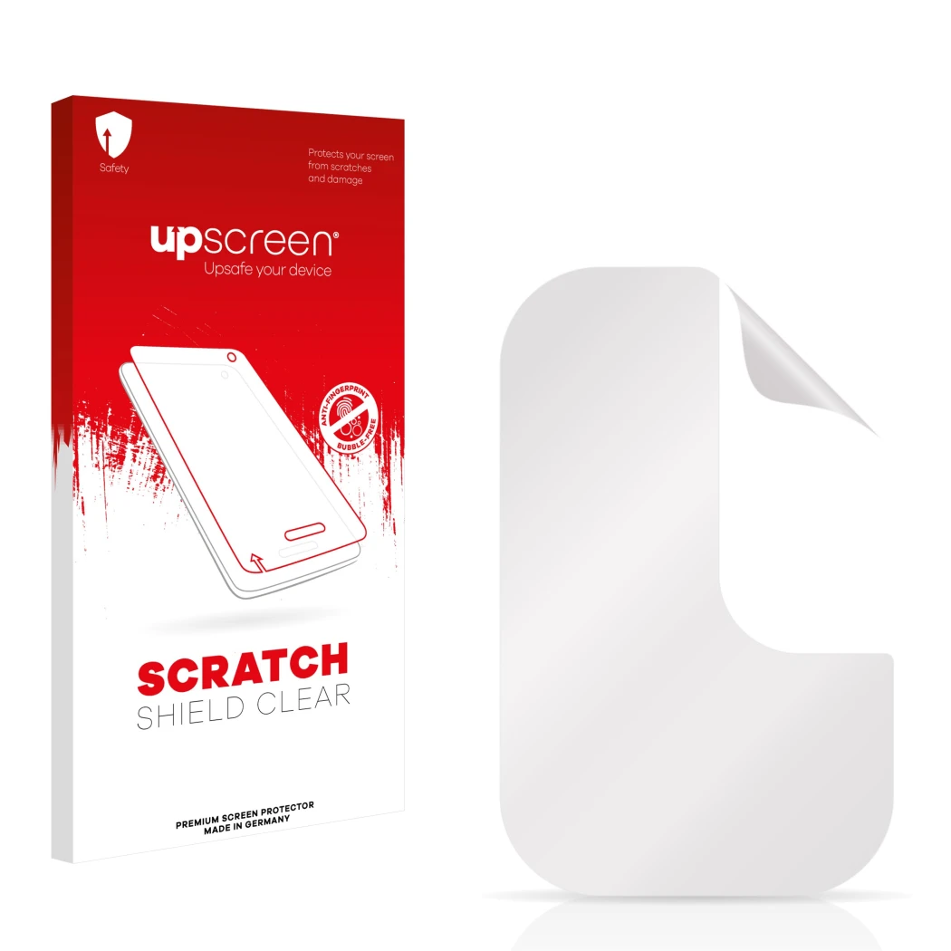 Face avant d’un emballage produit avec le logo de la marque upscreen. À côté se trouve la protection d’écran correspondante.