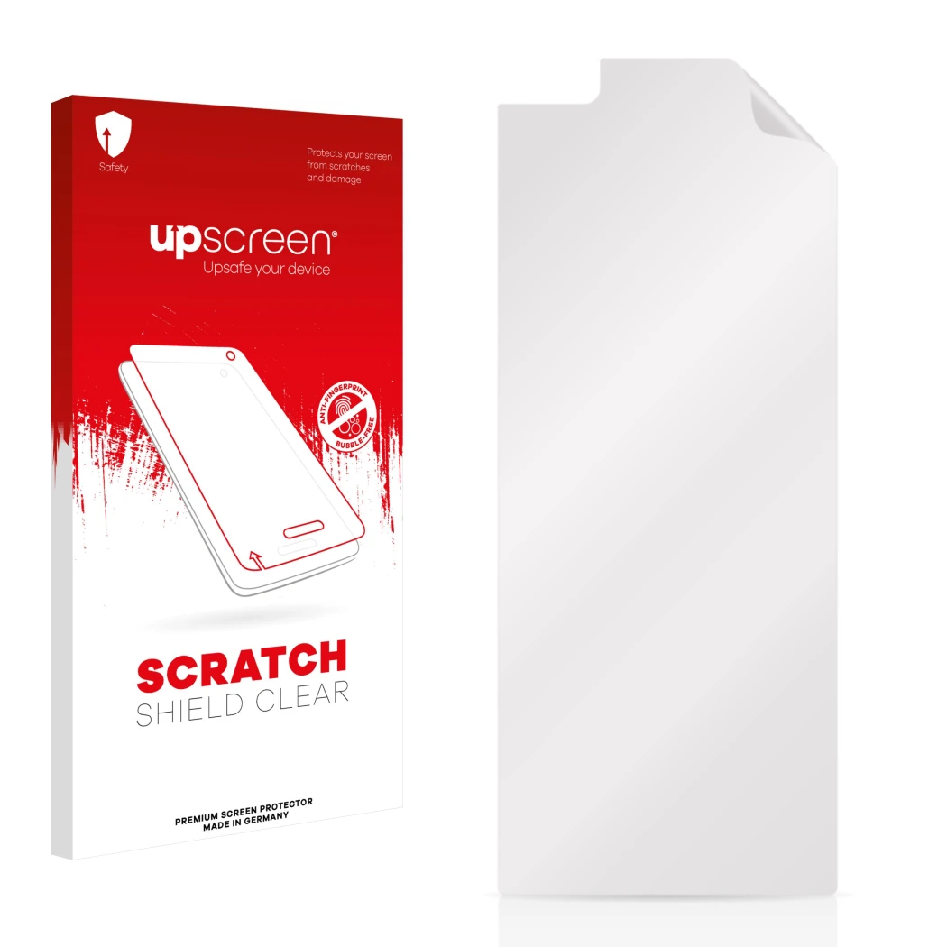Face avant d’un emballage produit avec le logo de la marque upscreen. À côté se trouve la protection d’écran correspondante.