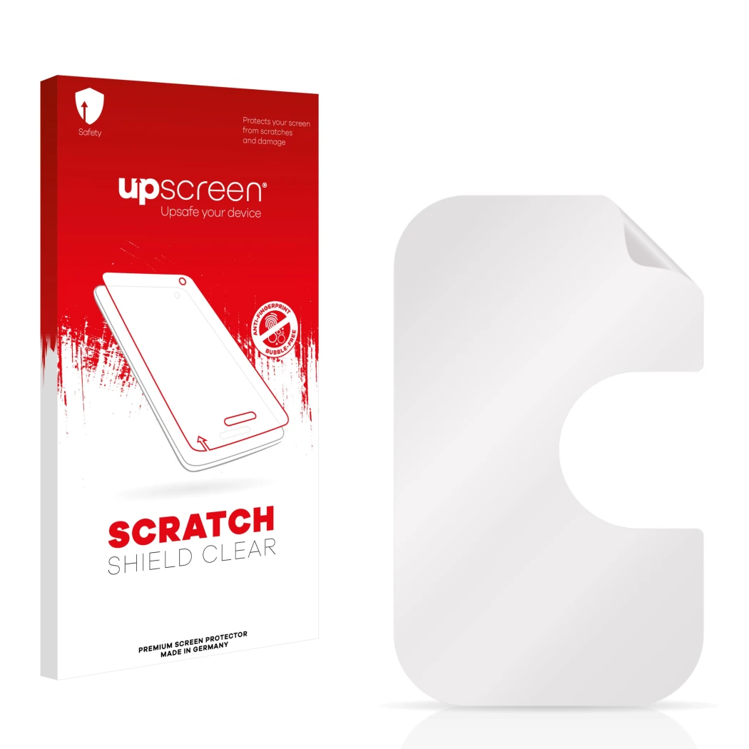 Face avant d’un emballage produit avec le logo de la marque upscreen. À côté se trouve la protection d’écran correspondante.