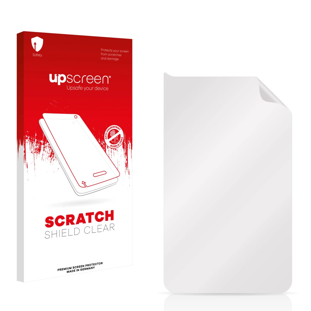 Face avant d’un emballage produit avec le logo de la marque upscreen. À côté se trouve la protection d’écran correspondante.