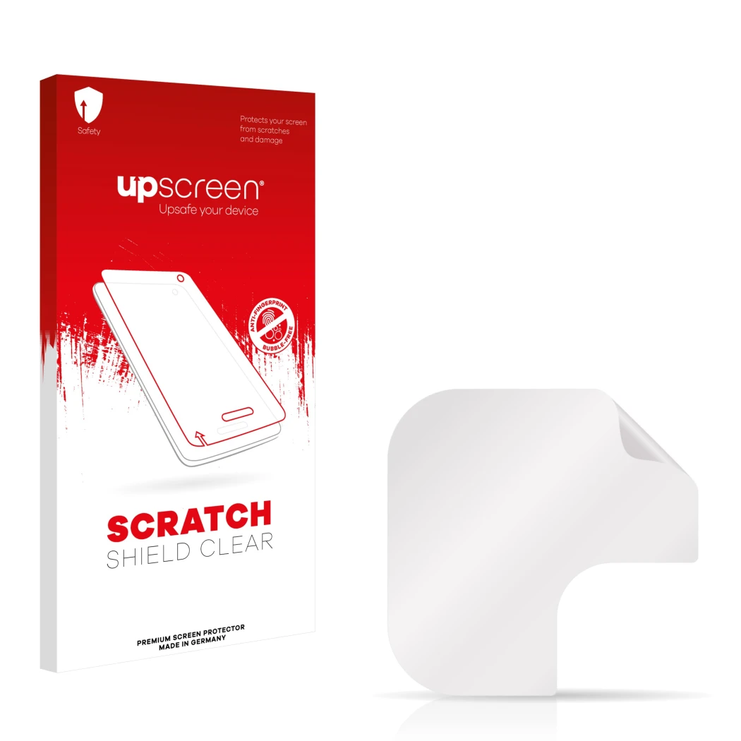 Face avant d’un emballage produit avec le logo de la marque upscreen. À côté se trouve la protection d’écran correspondante.