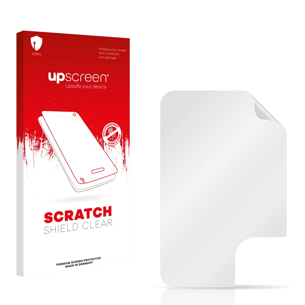 Face avant d’un emballage produit avec le logo de la marque upscreen. À côté se trouve la protection d’écran correspondante.