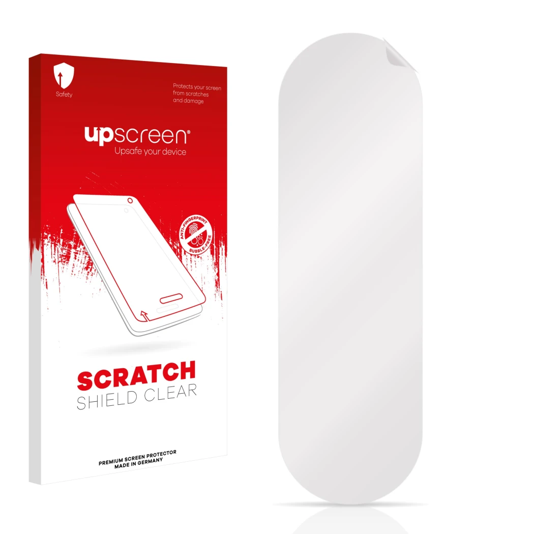 Face avant d’un emballage produit avec le logo de la marque upscreen. À côté se trouve la protection d’écran correspondante.