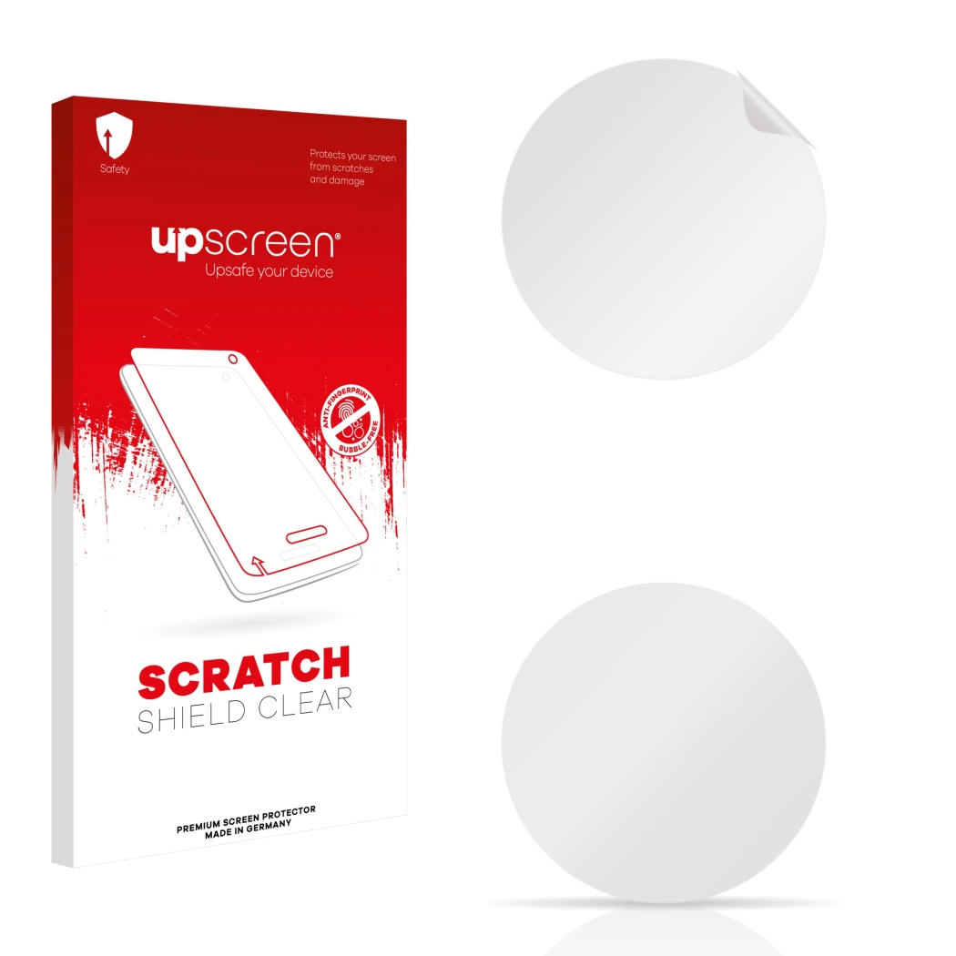 Face avant d’un emballage produit avec le logo de la marque upscreen. À côté se trouve la protection d’écran correspondante.