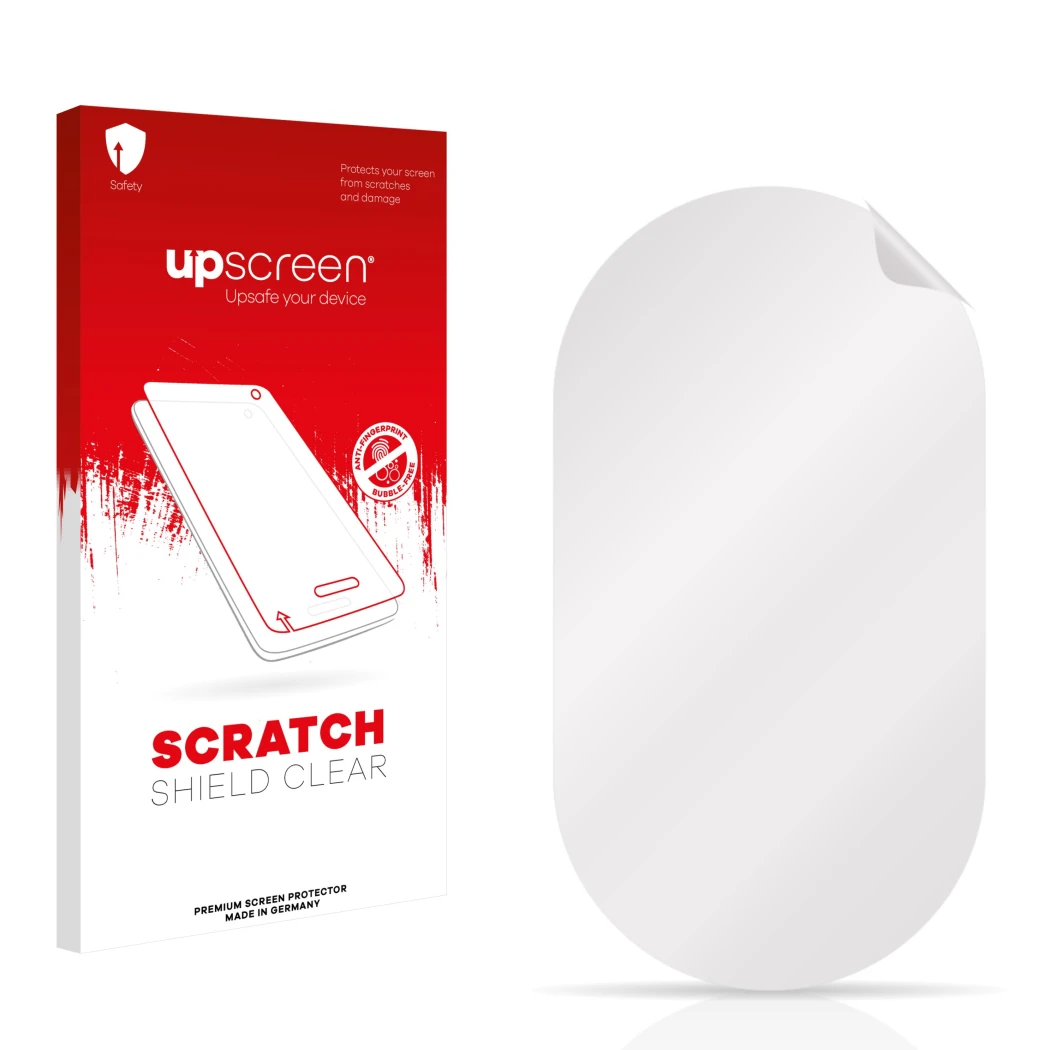 Face avant d’un emballage produit avec le logo de la marque upscreen. À côté se trouve la protection d’écran correspondante.