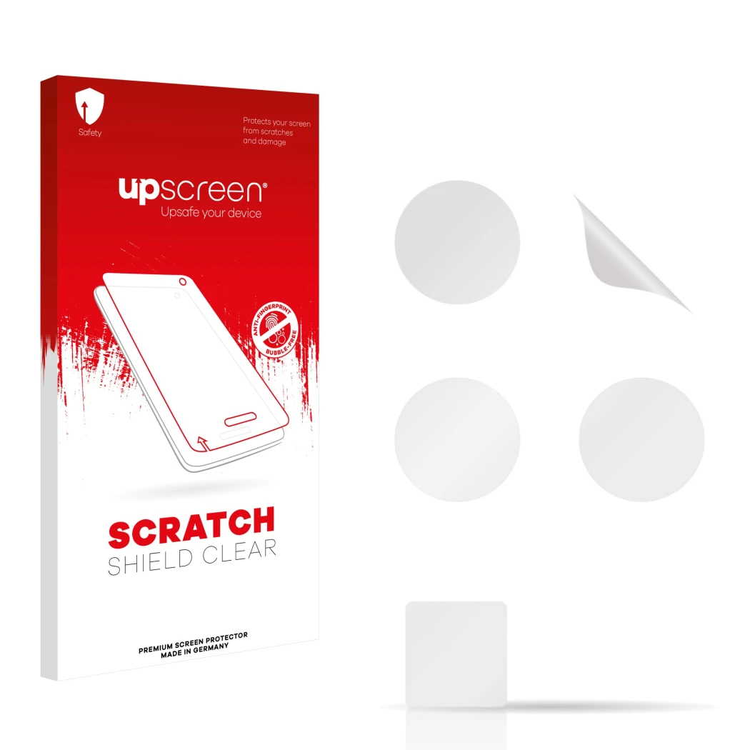 Face avant d’un emballage produit avec le logo de la marque upscreen. À côté se trouve la protection d’écran correspondante.