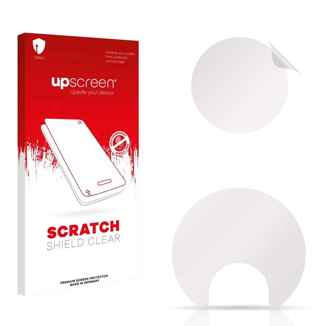 Face avant d’un emballage produit avec le logo de la marque upscreen. À côté se trouve la protection d’écran correspondante.