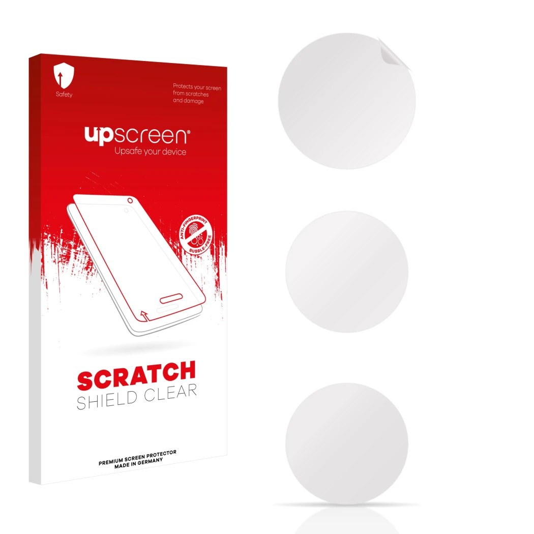 Face avant d’un emballage produit avec le logo de la marque upscreen. À côté se trouve la protection d’écran correspondante.