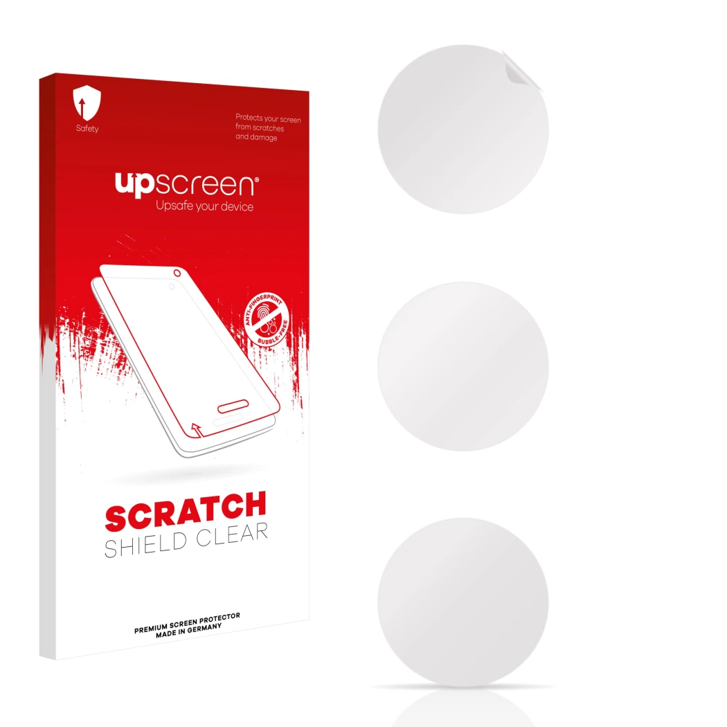Face avant d’un emballage produit avec le logo de la marque upscreen. À côté se trouve la protection d’écran correspondante.