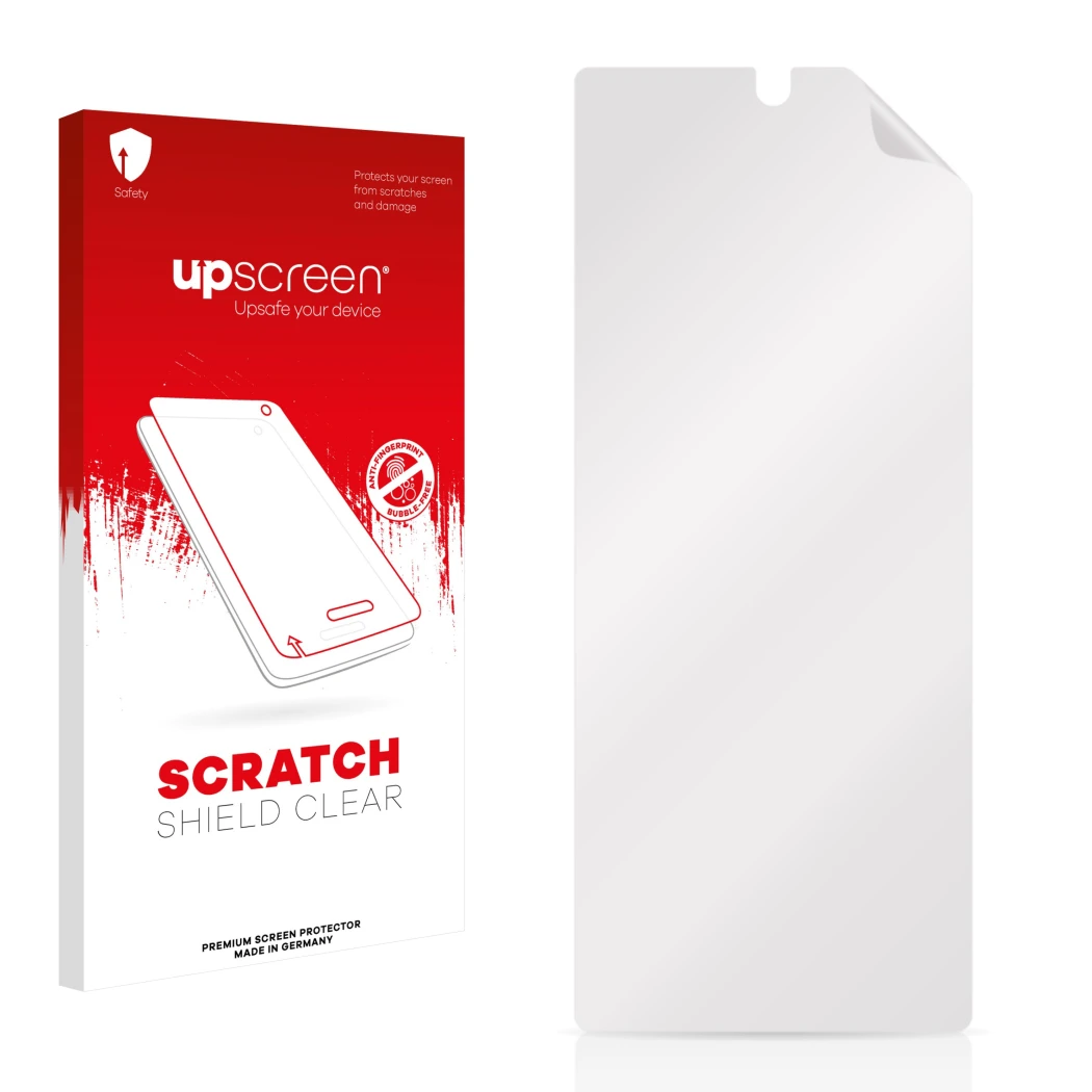 Face avant d’un emballage produit avec le logo de la marque upscreen. À côté se trouve la protection d’écran correspondante.