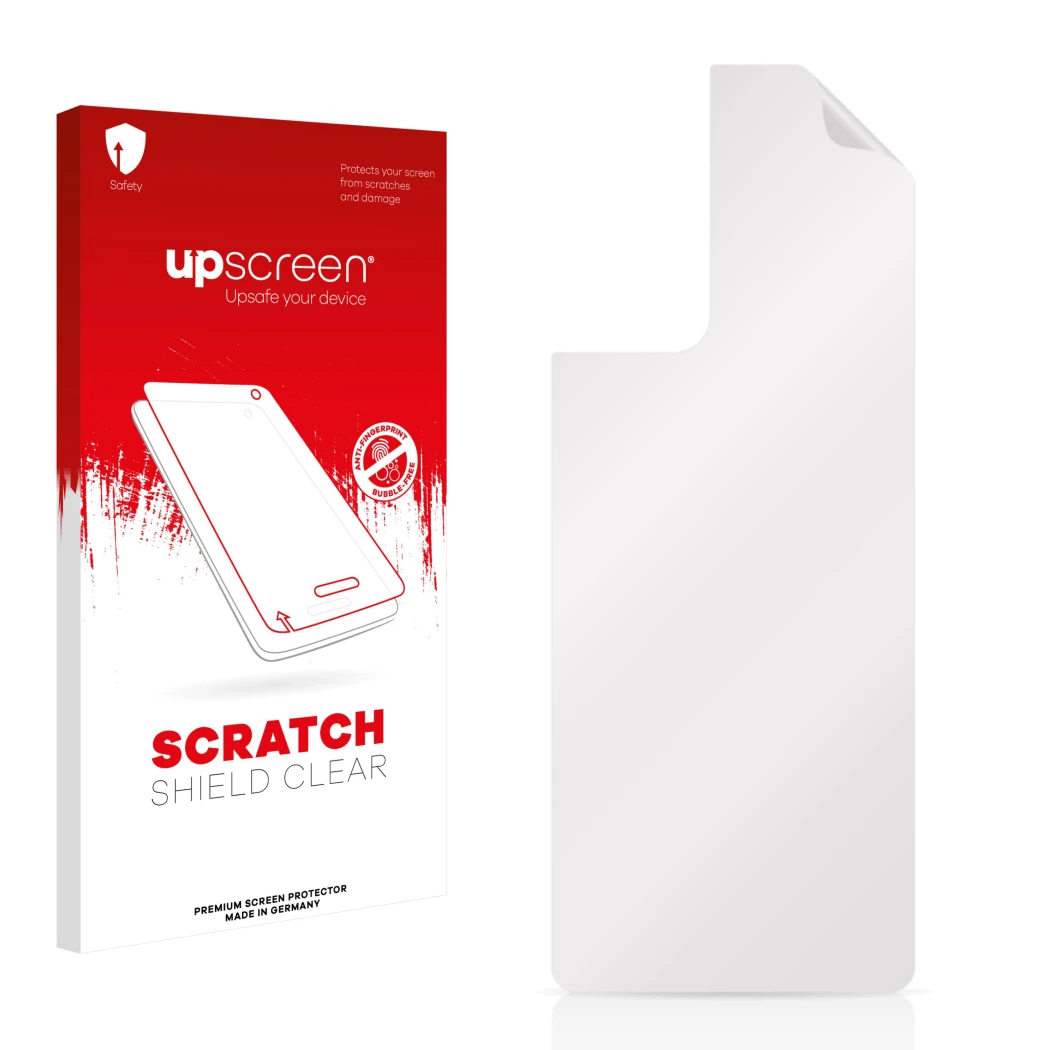 Face avant d’un emballage produit avec le logo de la marque upscreen. À côté se trouve la protection d’écran correspondante.