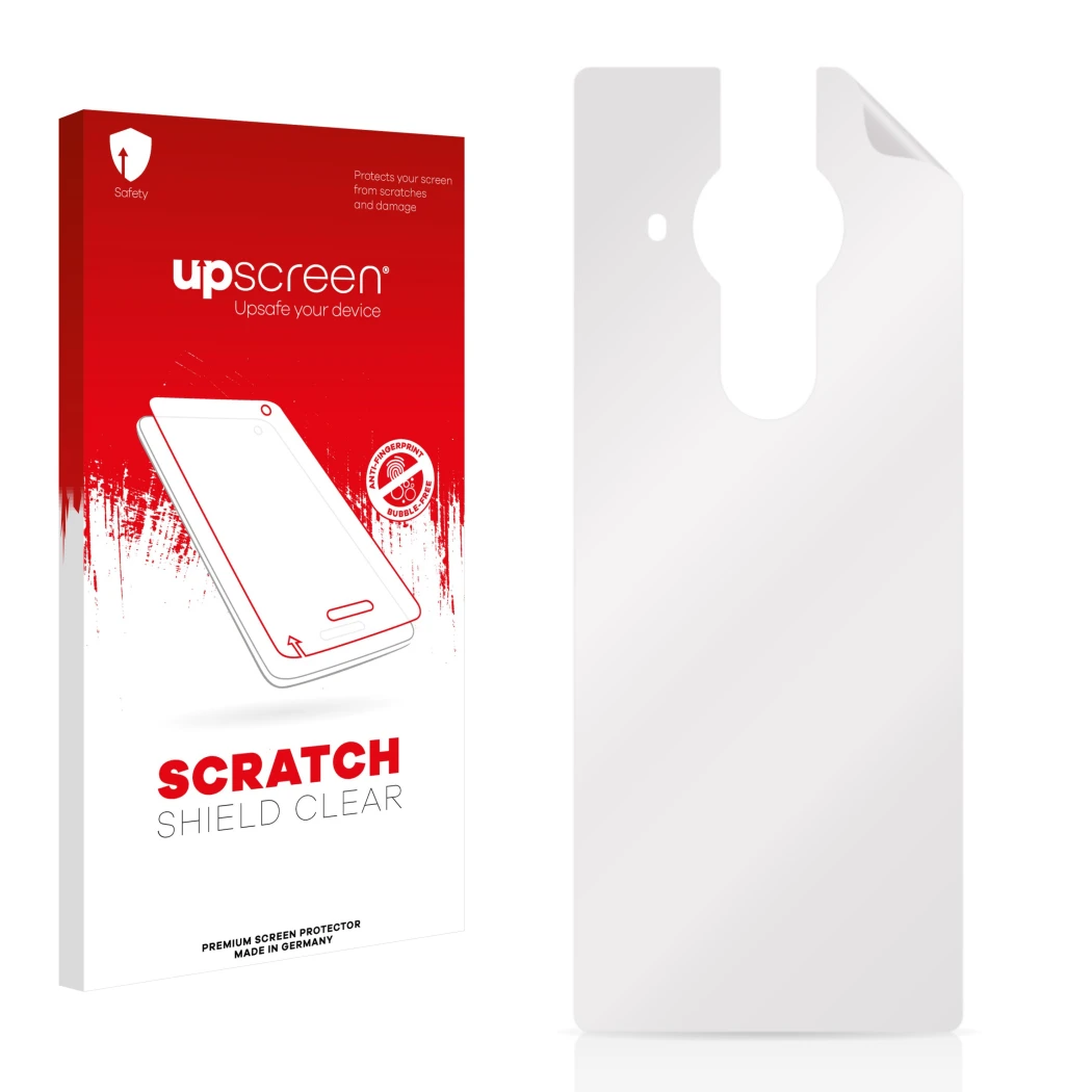 Face avant d’un emballage produit avec le logo de la marque upscreen. À côté se trouve la protection d’écran correspondante.