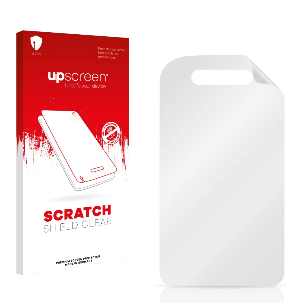 Face avant d’un emballage produit avec le logo de la marque upscreen. À côté se trouve la protection d’écran correspondante.
