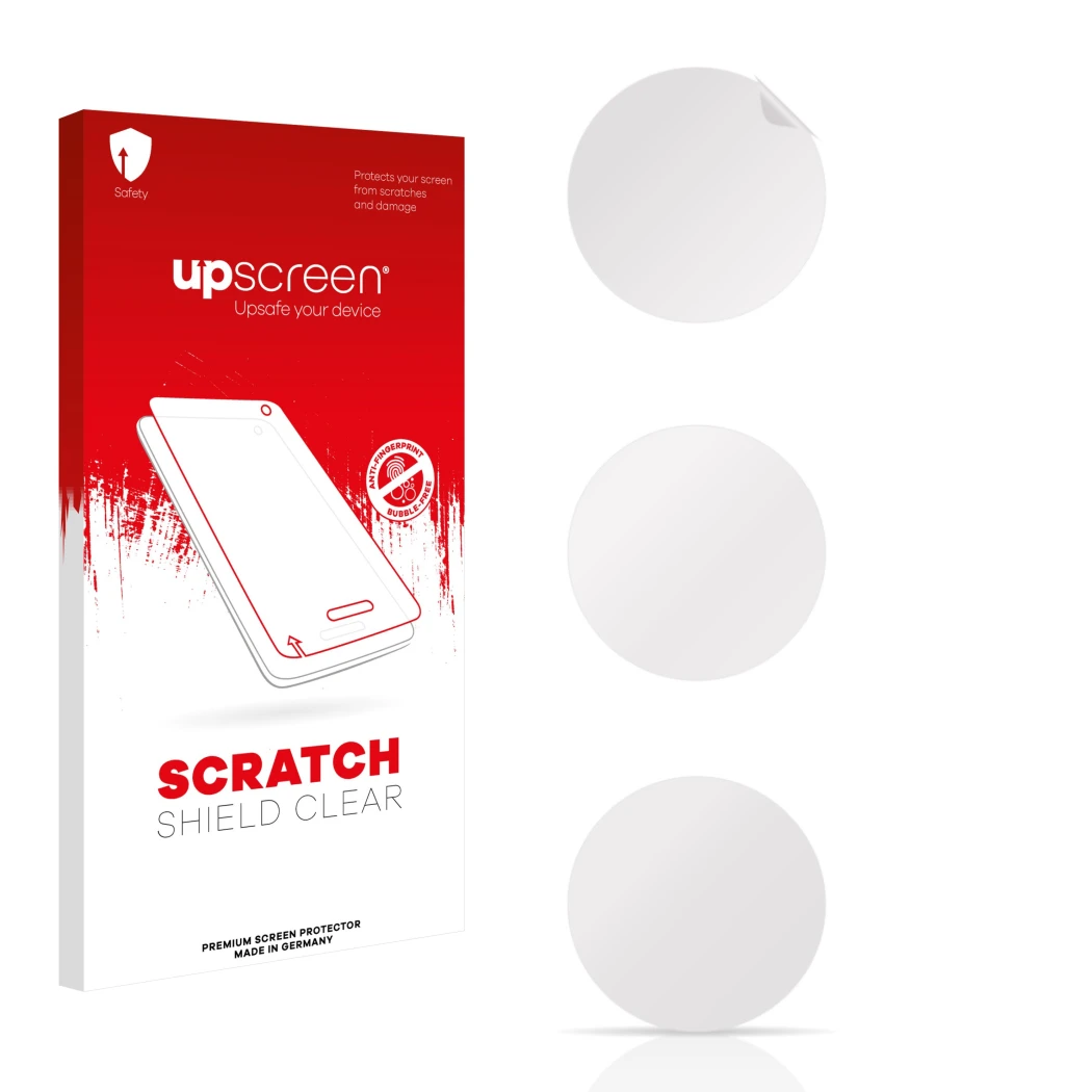 Face avant d’un emballage produit avec le logo de la marque upscreen. À côté se trouve la protection d’écran correspondante.