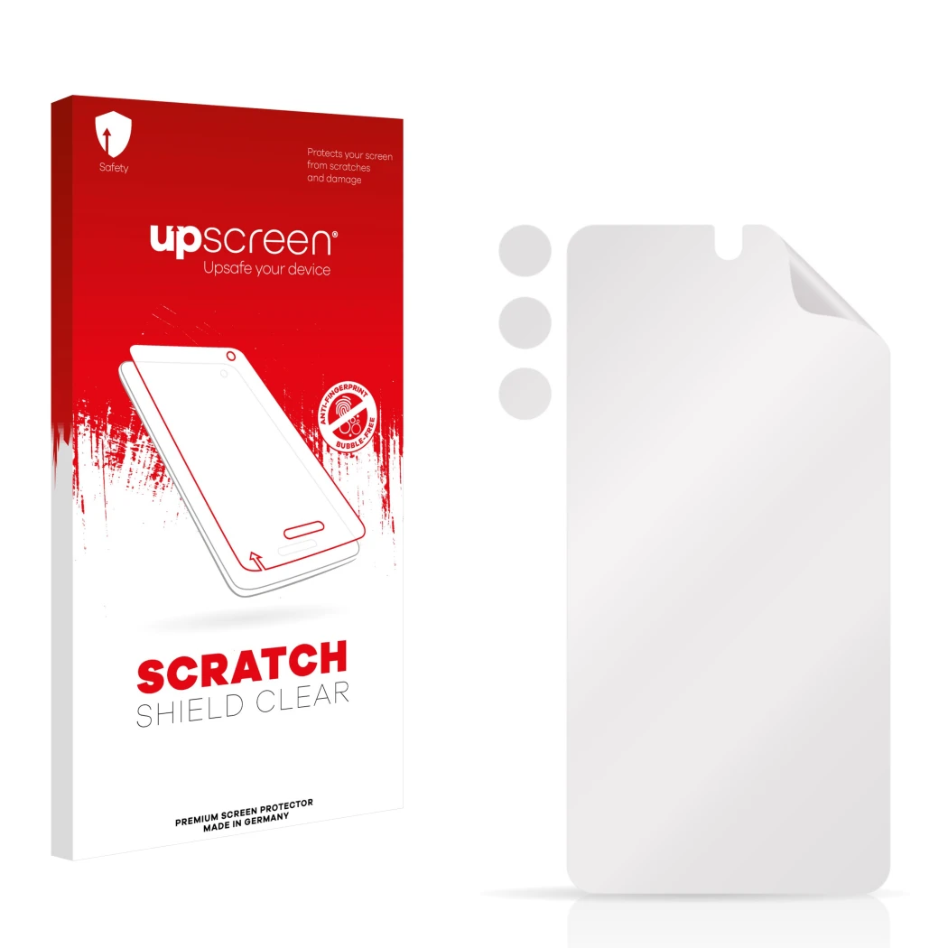 Face avant d’un emballage produit avec le logo de la marque upscreen. À côté se trouve la protection d’écran correspondante.