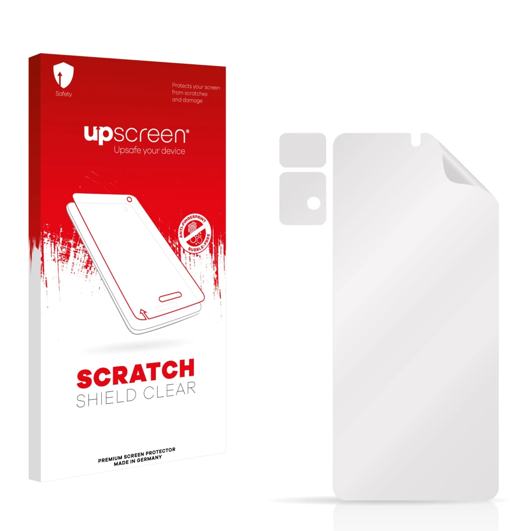 Face avant d’un emballage produit avec le logo de la marque upscreen. À côté se trouve la protection d’écran correspondante.