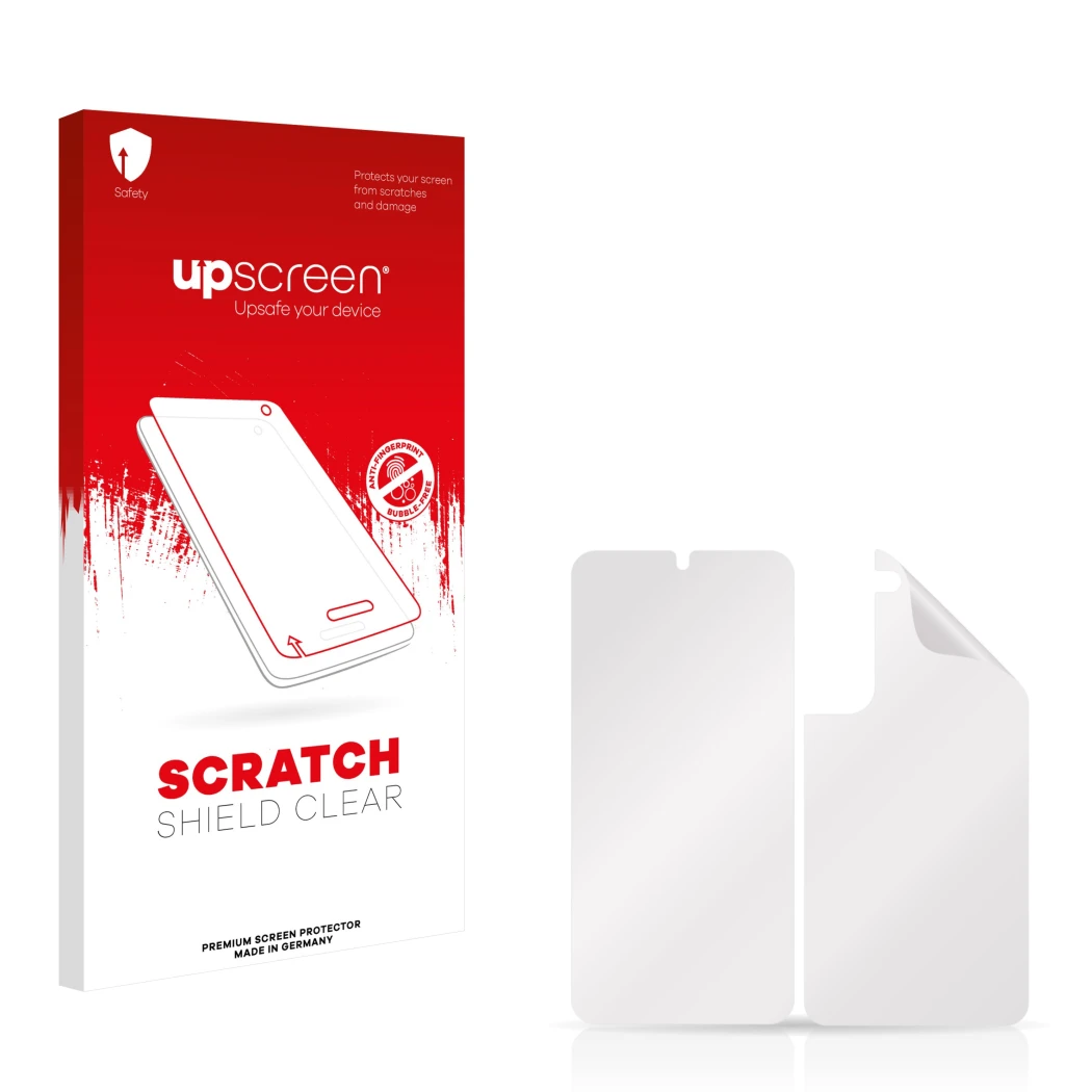Face avant d’un emballage produit avec le logo de la marque upscreen. À côté se trouve la protection d’écran correspondante.