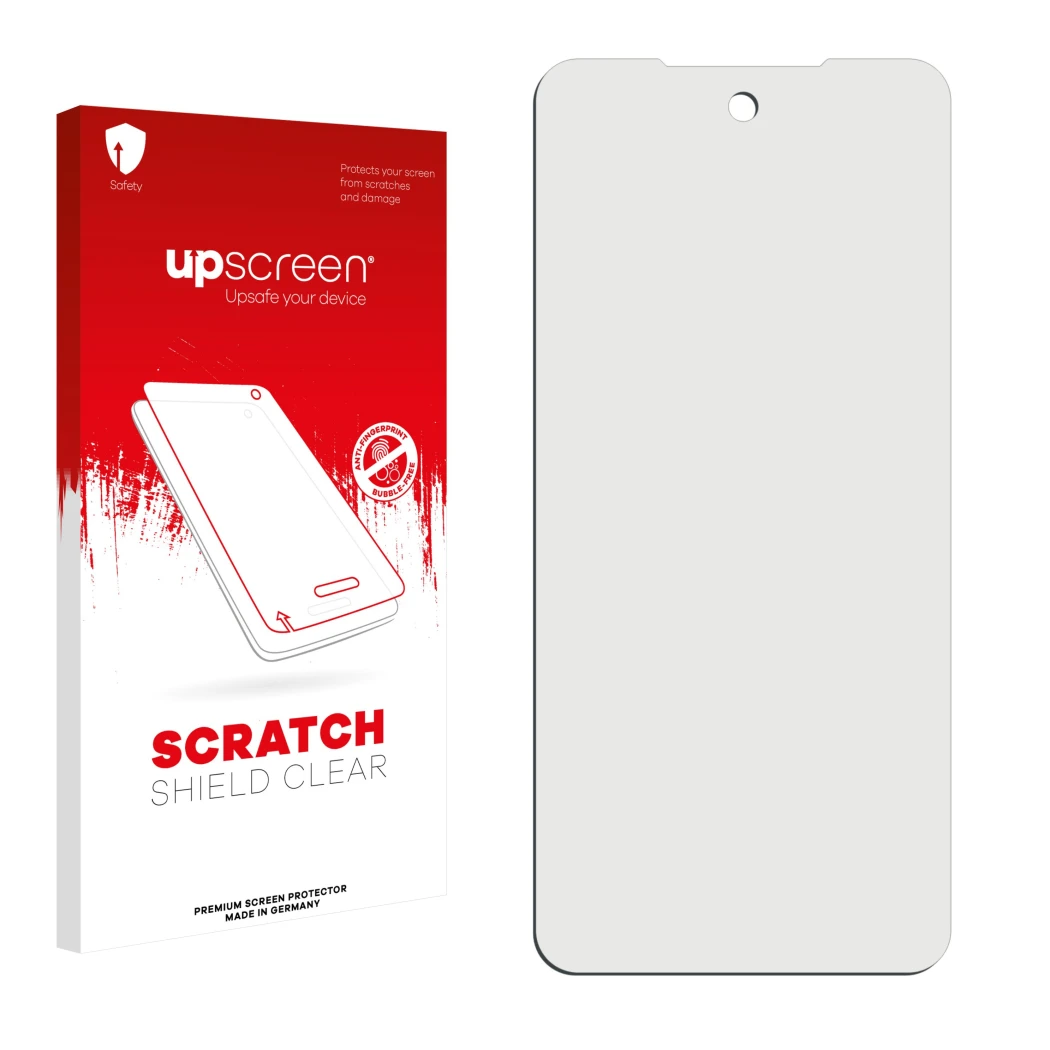 Face avant d’un emballage produit avec le logo de la marque upscreen. À côté se trouve la protection d’écran correspondante.