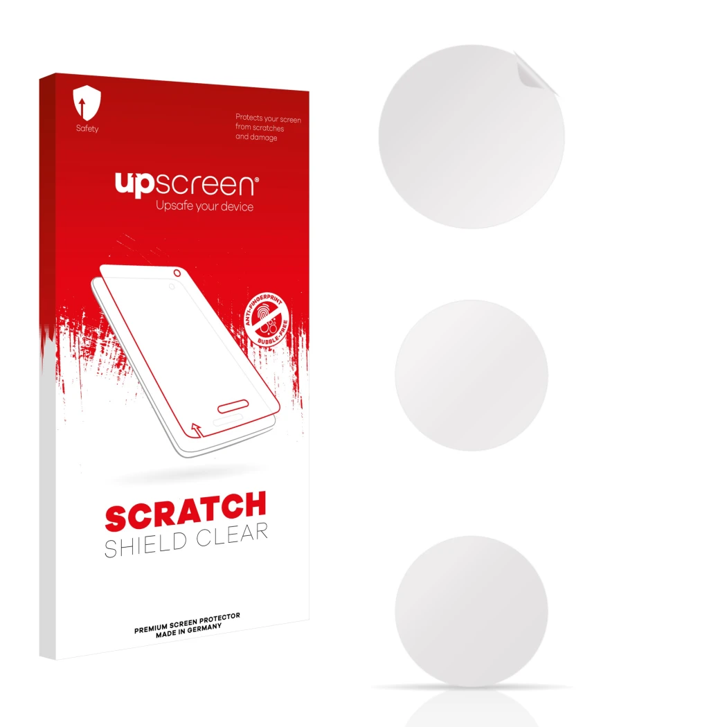 Face avant d’un emballage produit avec le logo de la marque upscreen. À côté se trouve la protection d’écran correspondante.