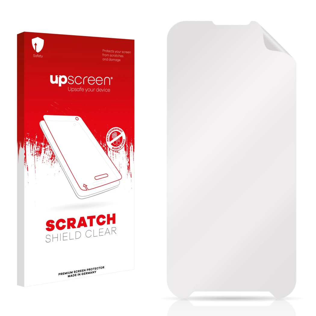 Face avant d’un emballage produit avec le logo de la marque upscreen. À côté se trouve la protection d’écran correspondante.