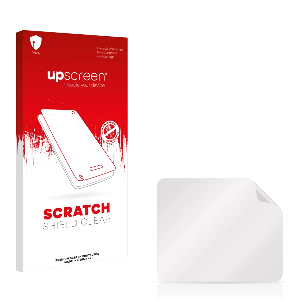 Face avant d’un emballage produit avec le logo de la marque upscreen. À côté se trouve la protection d’écran correspondante.
