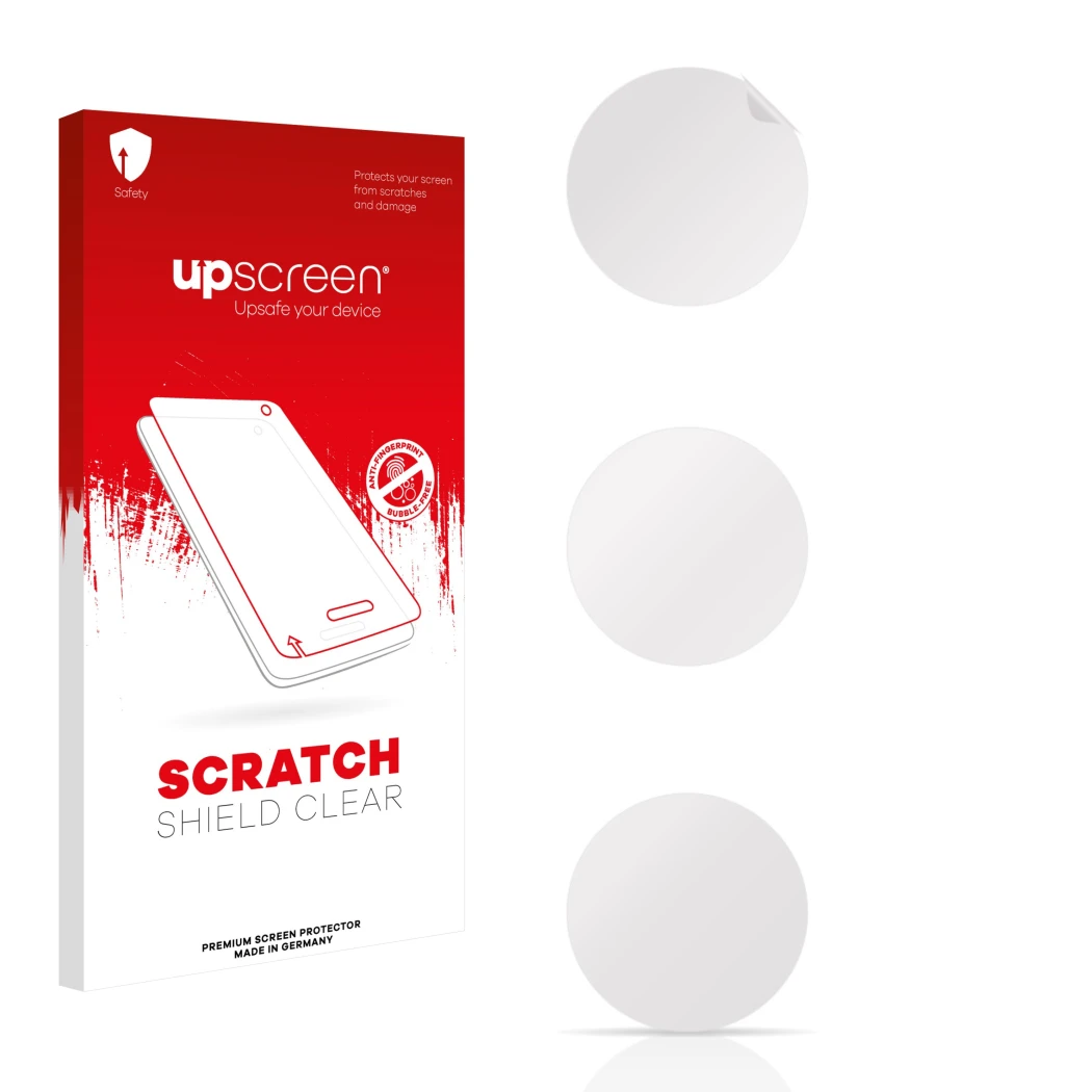 Face avant d’un emballage produit avec le logo de la marque upscreen. À côté se trouve la protection d’écran correspondante.