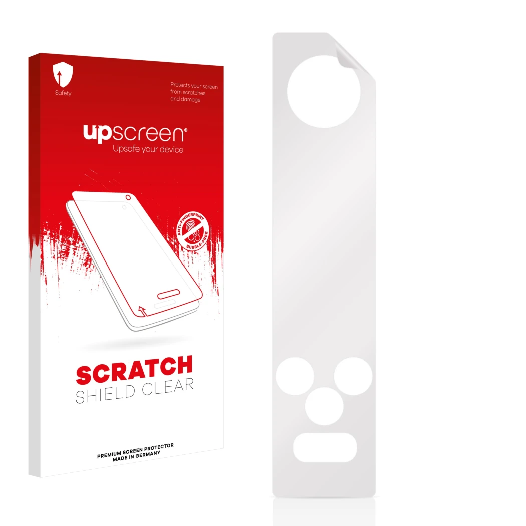Face avant d’un emballage produit avec le logo de la marque upscreen. À côté se trouve la protection d’écran correspondante.
