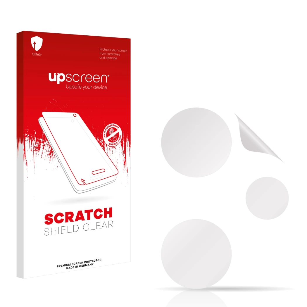 Face avant d’un emballage produit avec le logo de la marque upscreen. À côté se trouve la protection d’écran correspondante.