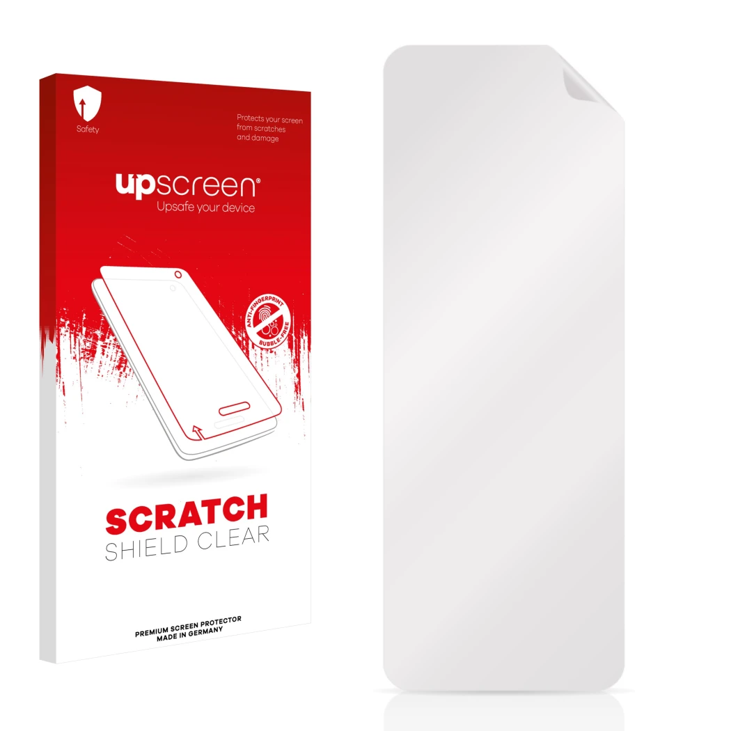 Face avant d’un emballage produit avec le logo de la marque upscreen. À côté se trouve la protection d’écran correspondante.