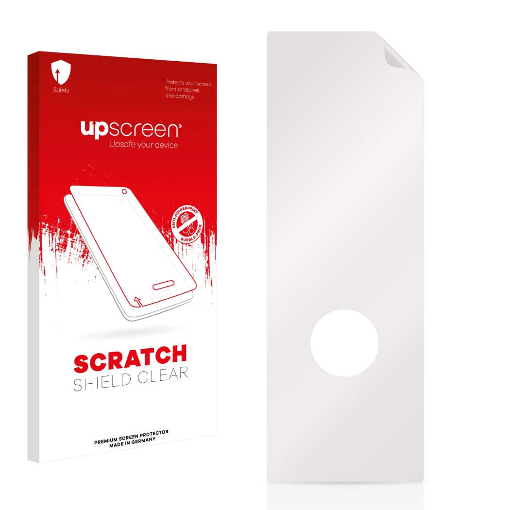Face avant d’un emballage produit avec le logo de la marque upscreen. À côté se trouve la protection d’écran correspondante.