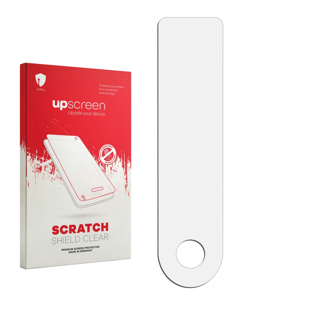 Face avant d’un emballage produit avec le logo de la marque upscreen. À côté se trouve la protection d’écran correspondante.