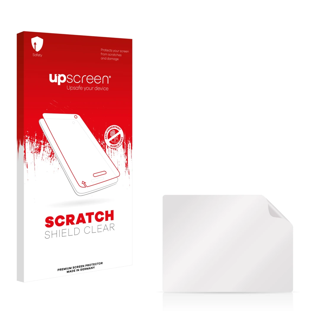 Face avant d’un emballage produit avec le logo de la marque upscreen. À côté se trouve la protection d’écran correspondante.