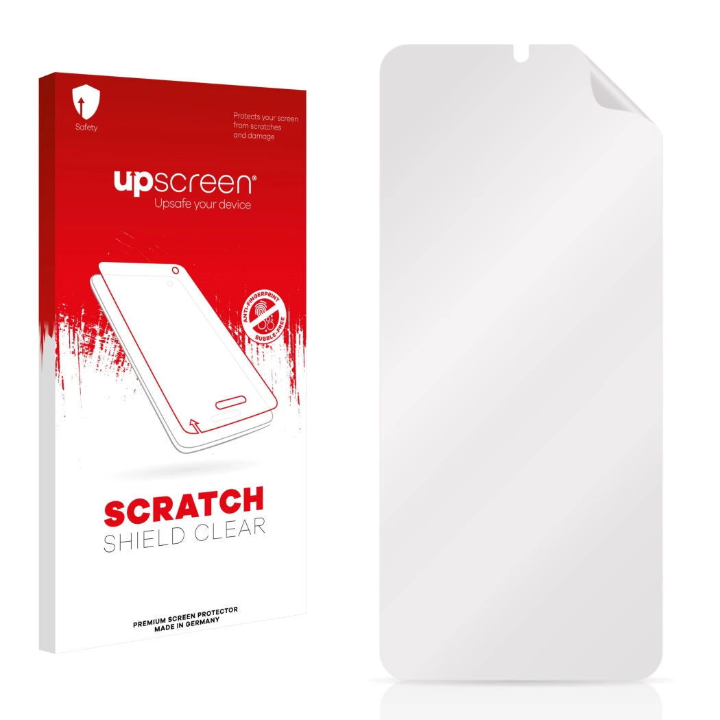 Face avant d’un emballage produit avec le logo de la marque upscreen. À côté se trouve la protection d’écran correspondante.