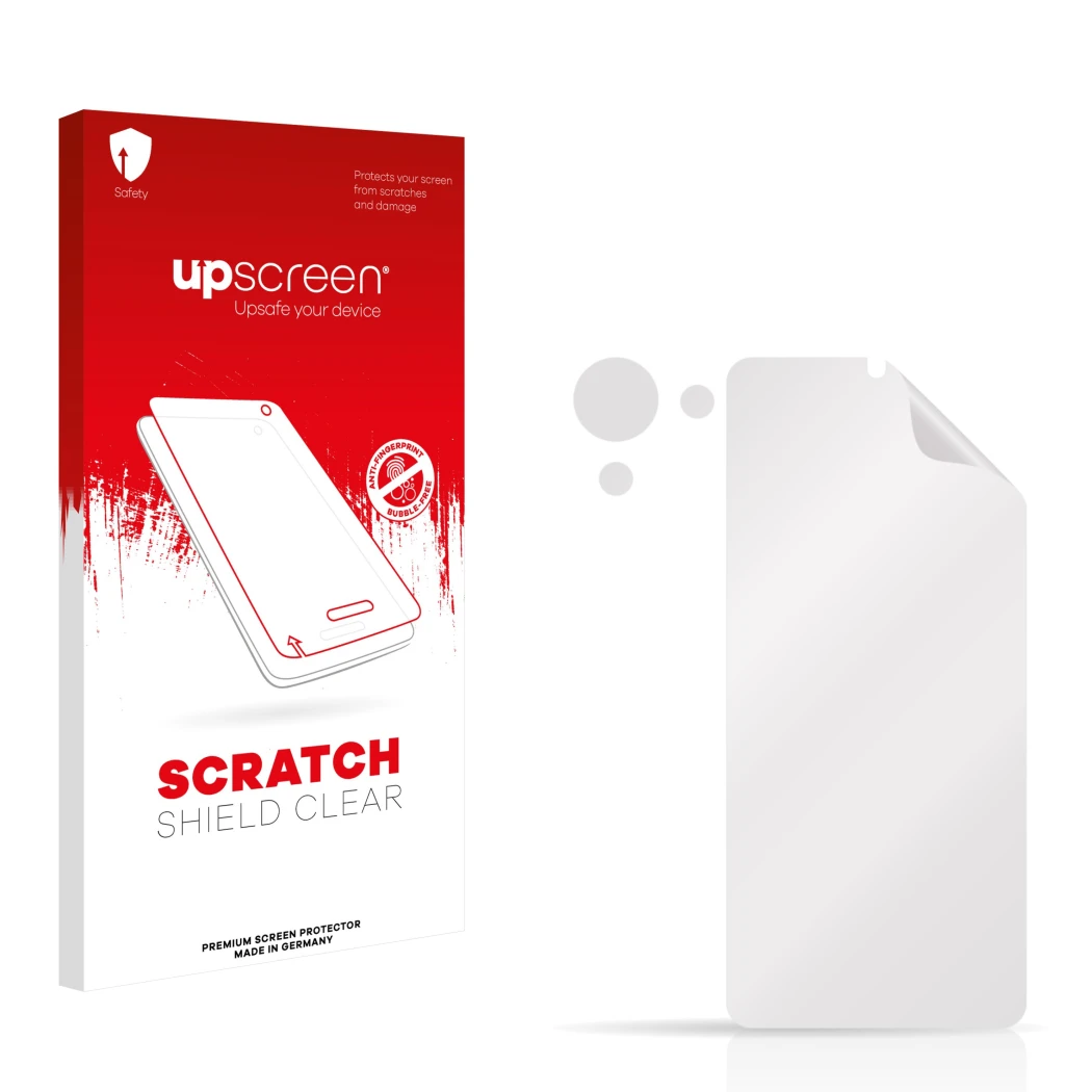 Face avant d’un emballage produit avec le logo de la marque upscreen. À côté se trouve la protection d’écran correspondante.