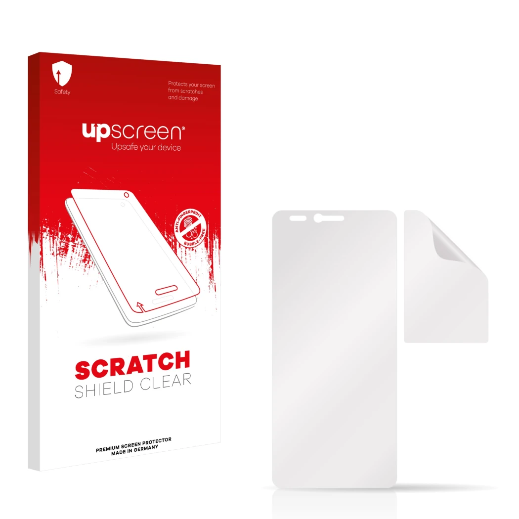 Face avant d’un emballage produit avec le logo de la marque upscreen. À côté se trouve la protection d’écran correspondante.