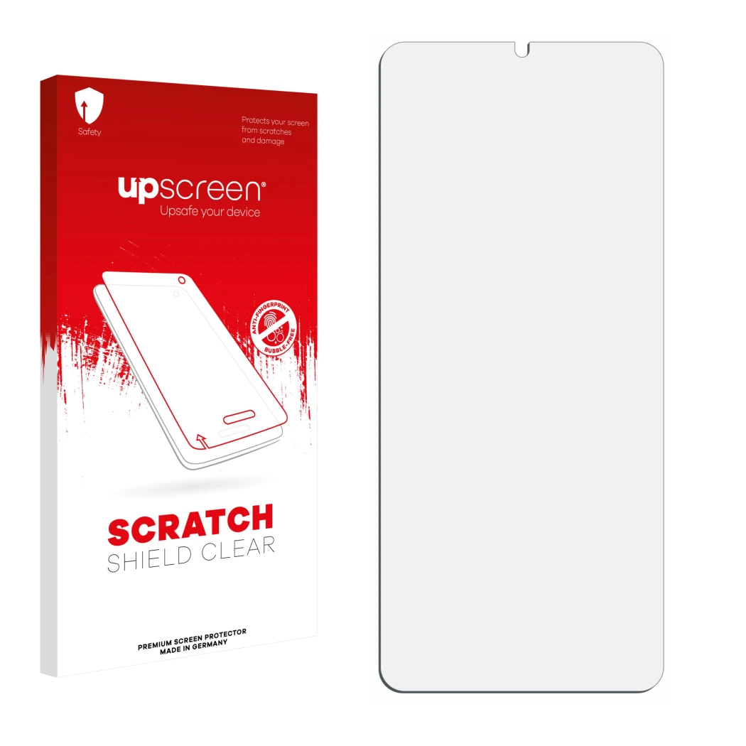 Face avant d’un emballage produit avec le logo de la marque upscreen. À côté se trouve la protection d’écran correspondante.