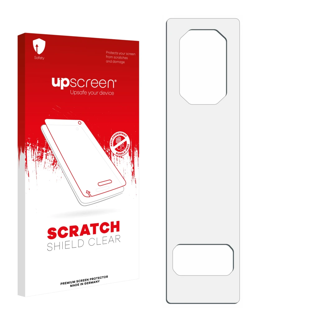 Face avant d’un emballage produit avec le logo de la marque upscreen. À côté se trouve la protection d’écran correspondante.