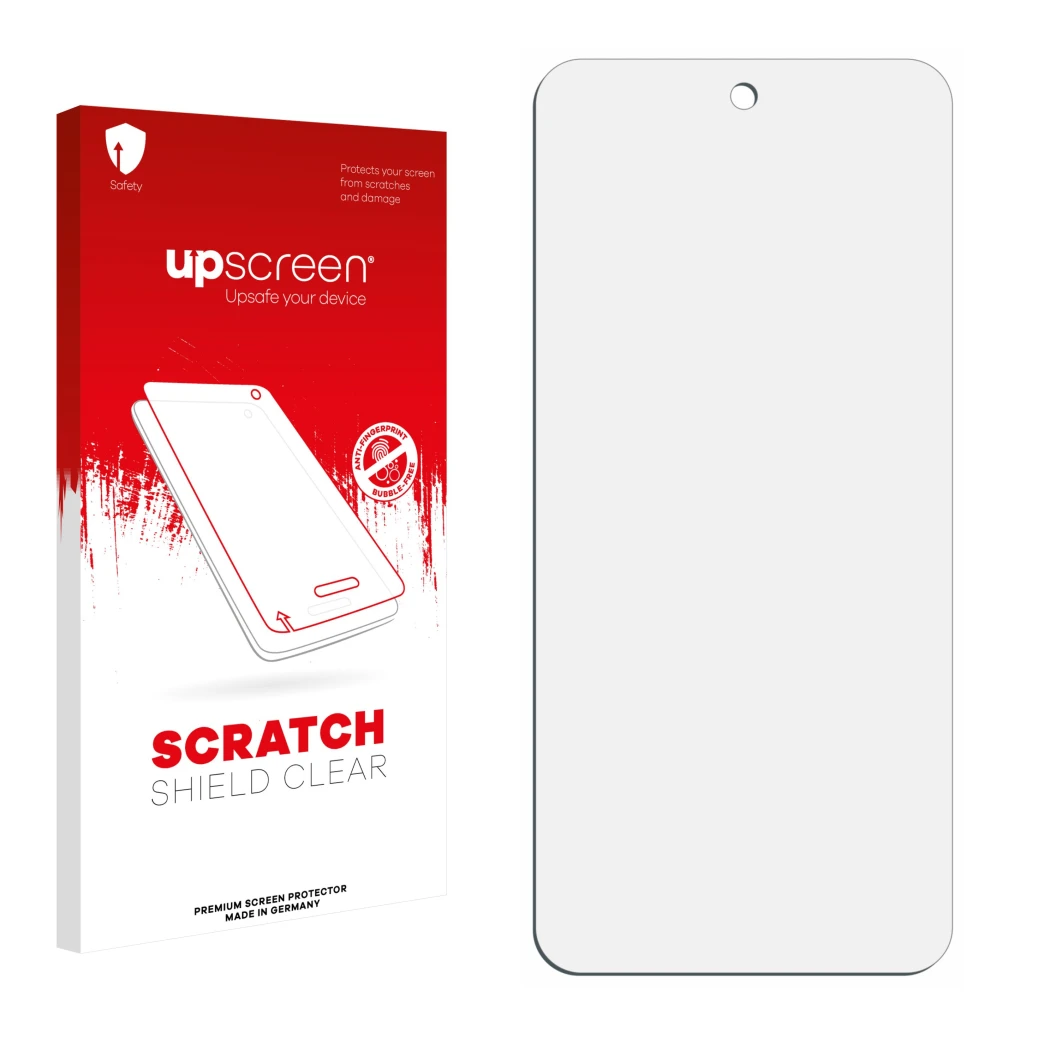 Face avant d’un emballage produit avec le logo de la marque upscreen. À côté se trouve la protection d’écran correspondante.