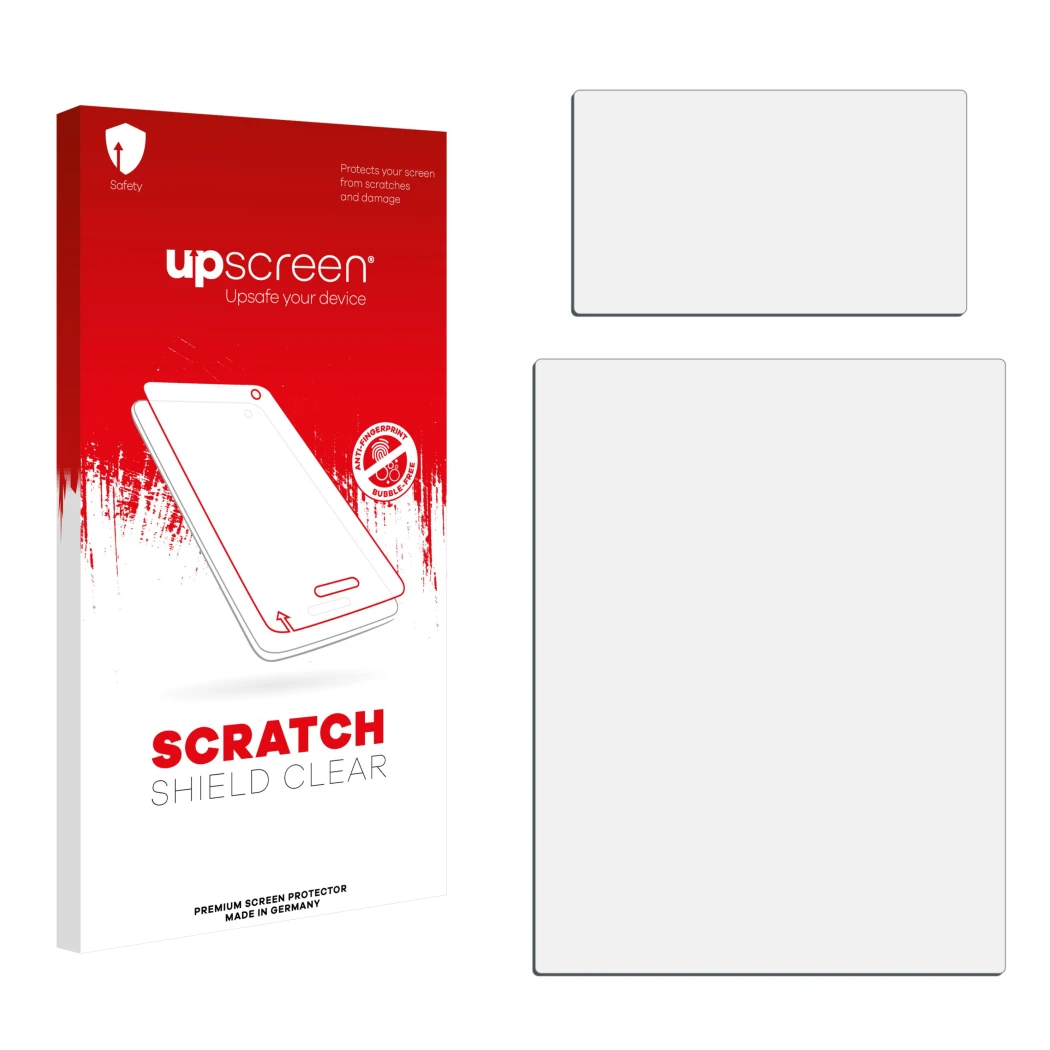 Face avant d’un emballage produit avec le logo de la marque upscreen. À côté se trouve la protection d’écran correspondante.