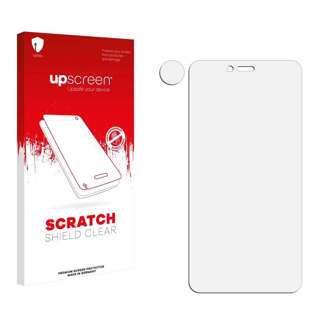 Face avant d’un emballage produit avec le logo de la marque upscreen. À côté se trouve la protection d’écran correspondante.