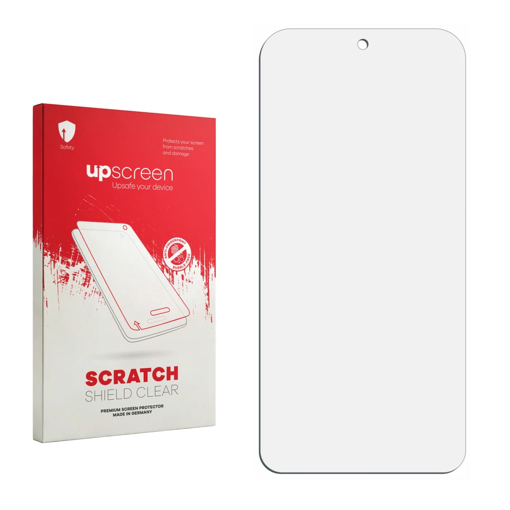 Face avant d’un emballage produit avec le logo de la marque upscreen. À côté se trouve la protection d’écran correspondante.