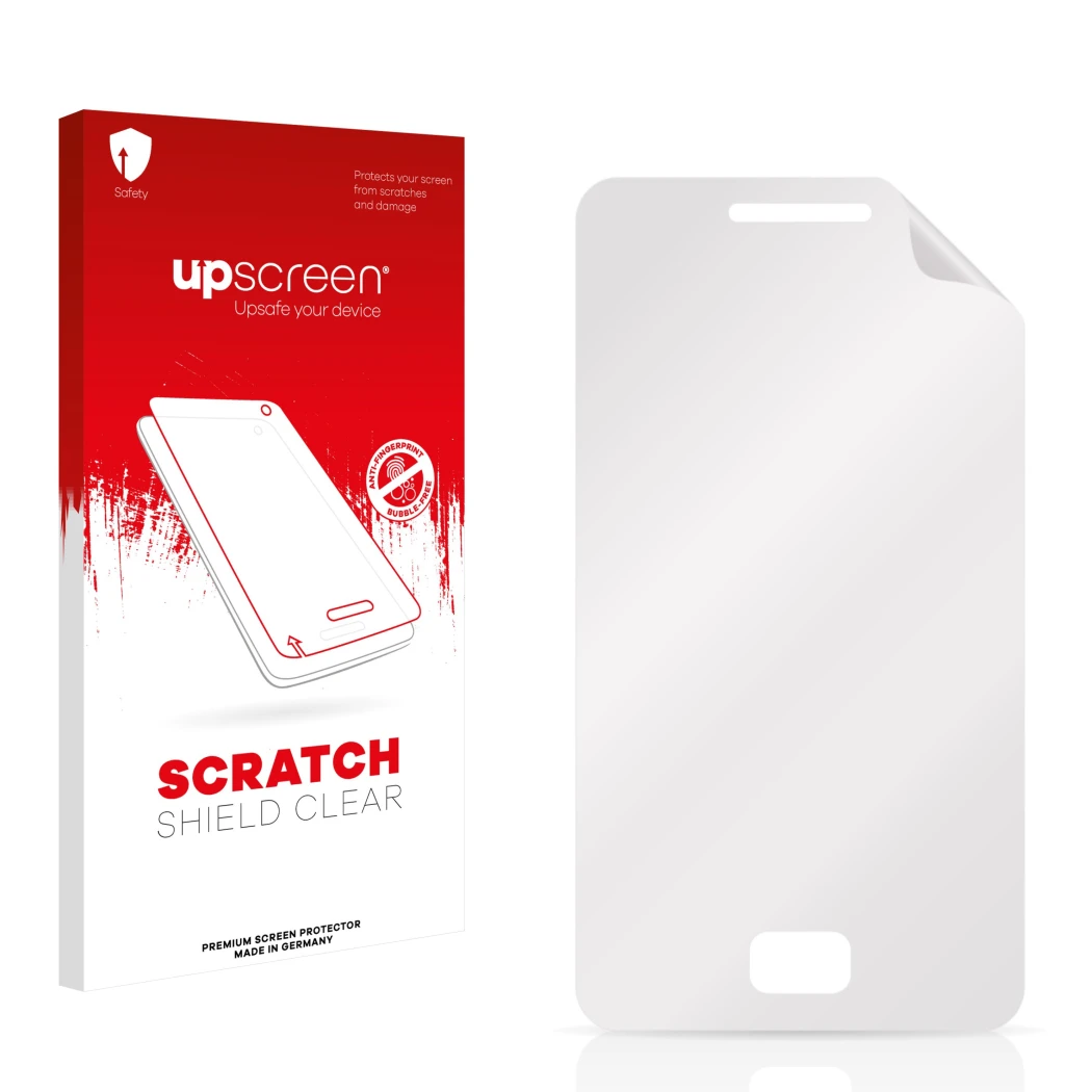 Face avant d’un emballage produit avec le logo de la marque upscreen. À côté se trouve la protection d’écran correspondante.