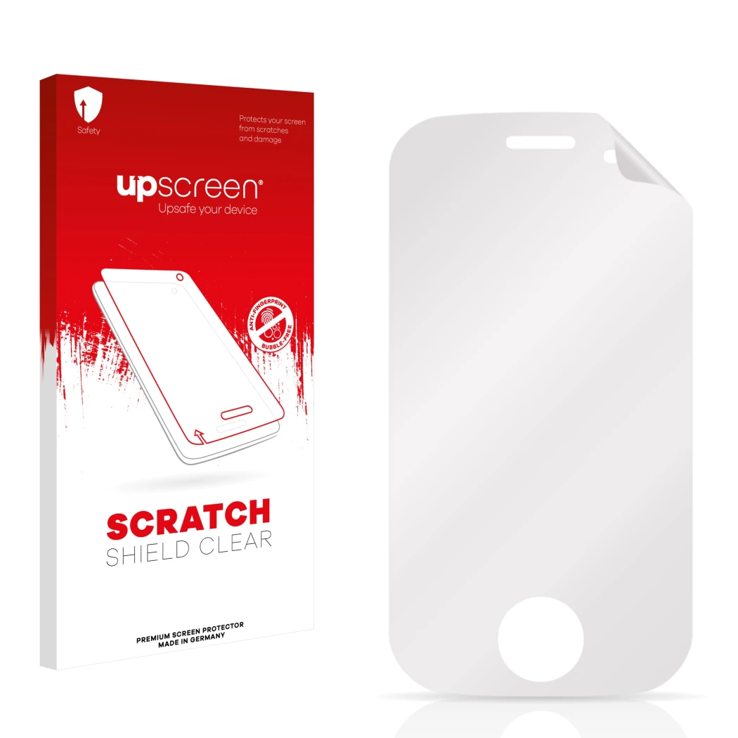 Face avant d’un emballage produit avec le logo de la marque upscreen. À côté se trouve la protection d’écran correspondante.