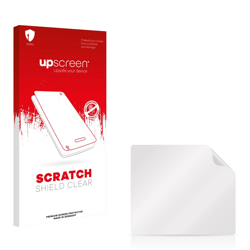 Face avant d’un emballage produit avec le logo de la marque upscreen. À côté se trouve la protection d’écran correspondante.