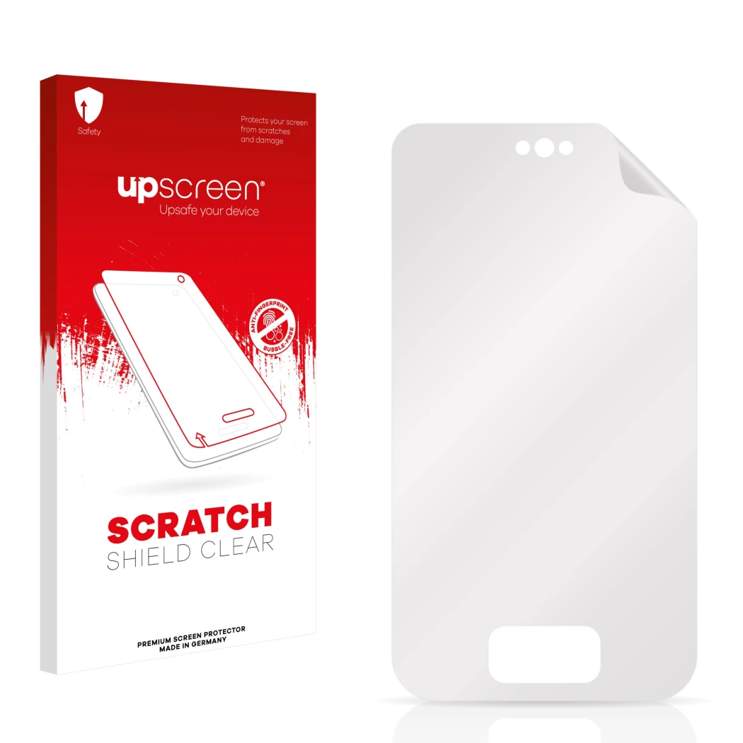 Face avant d’un emballage produit avec le logo de la marque upscreen. À côté se trouve la protection d’écran correspondante.