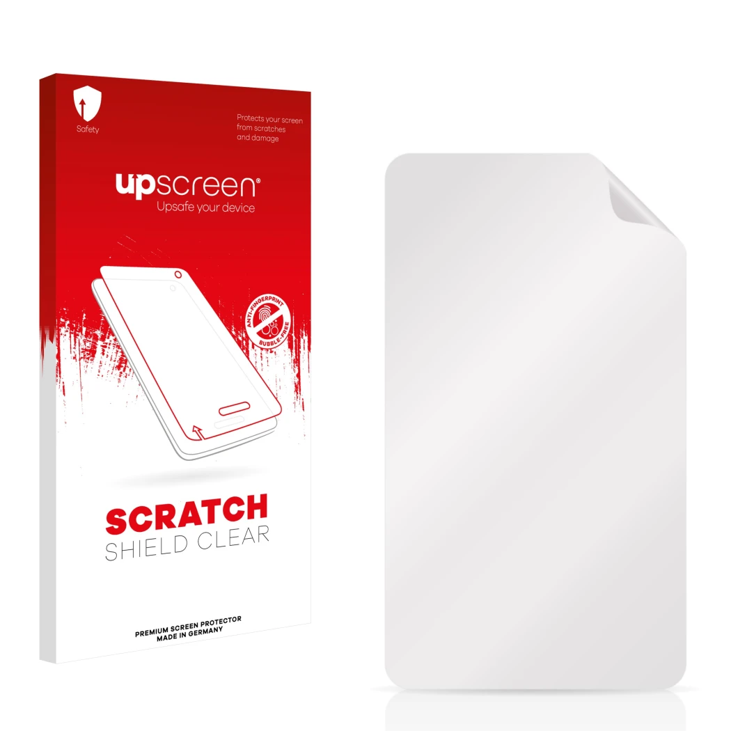 Face avant d’un emballage produit avec le logo de la marque upscreen. À côté se trouve la protection d’écran correspondante.