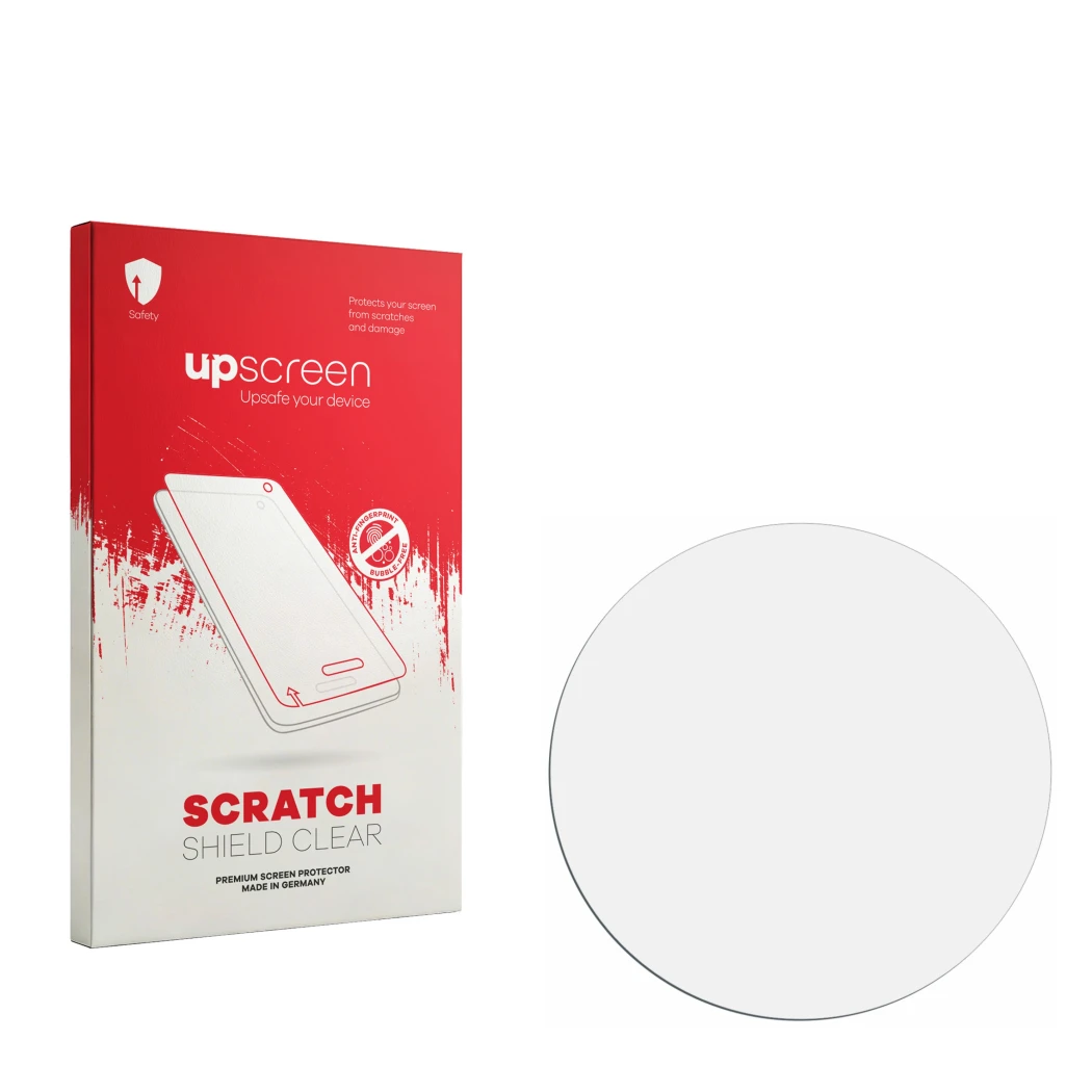 Face avant d’un emballage produit avec le logo de la marque upscreen. À côté se trouve la protection d’écran correspondante.